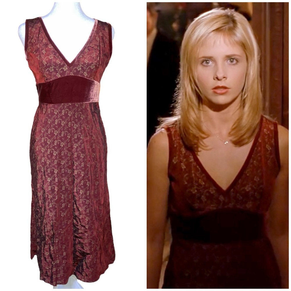 RARE Vintage 90’s Burgundy Iridescent Floral Midi Dress ASO Buffy The Slayer